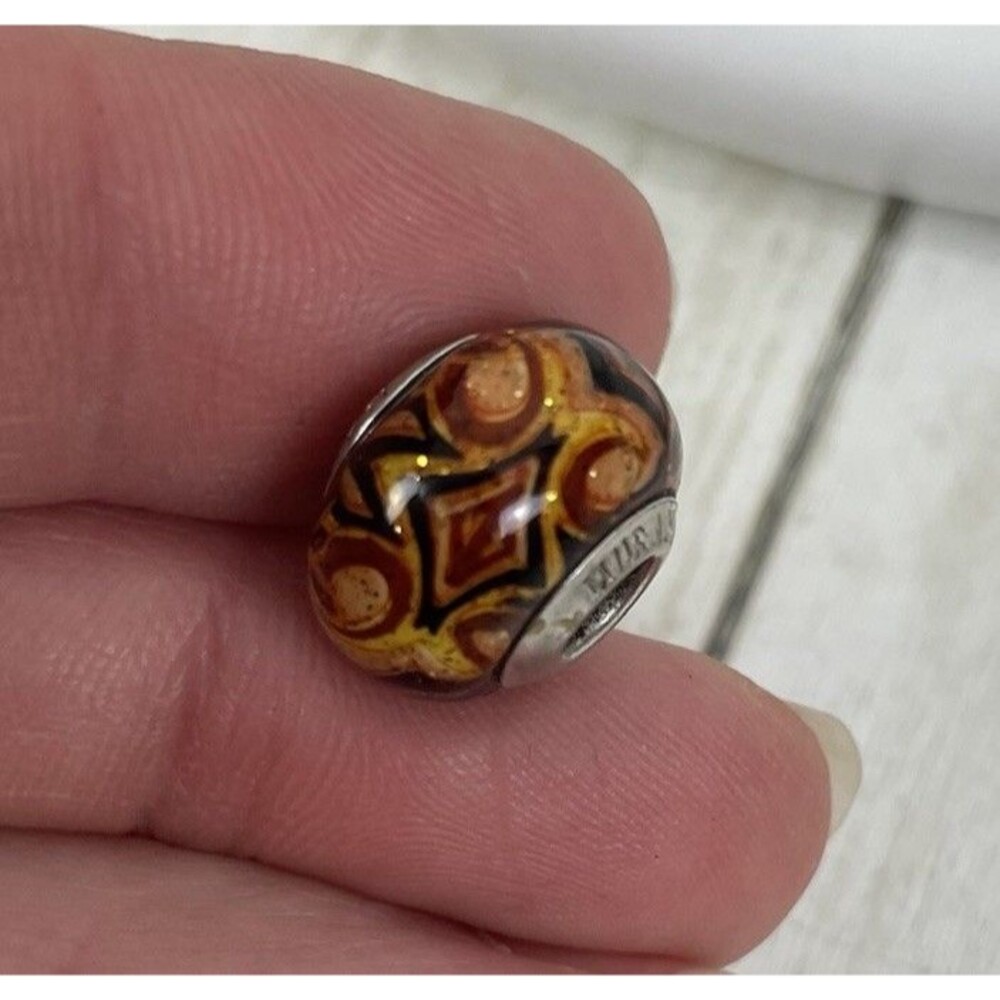 Murano MA Glass Bead Charm Sterling Silver 925 Italy Orange Swirl - Picture 5 of 5